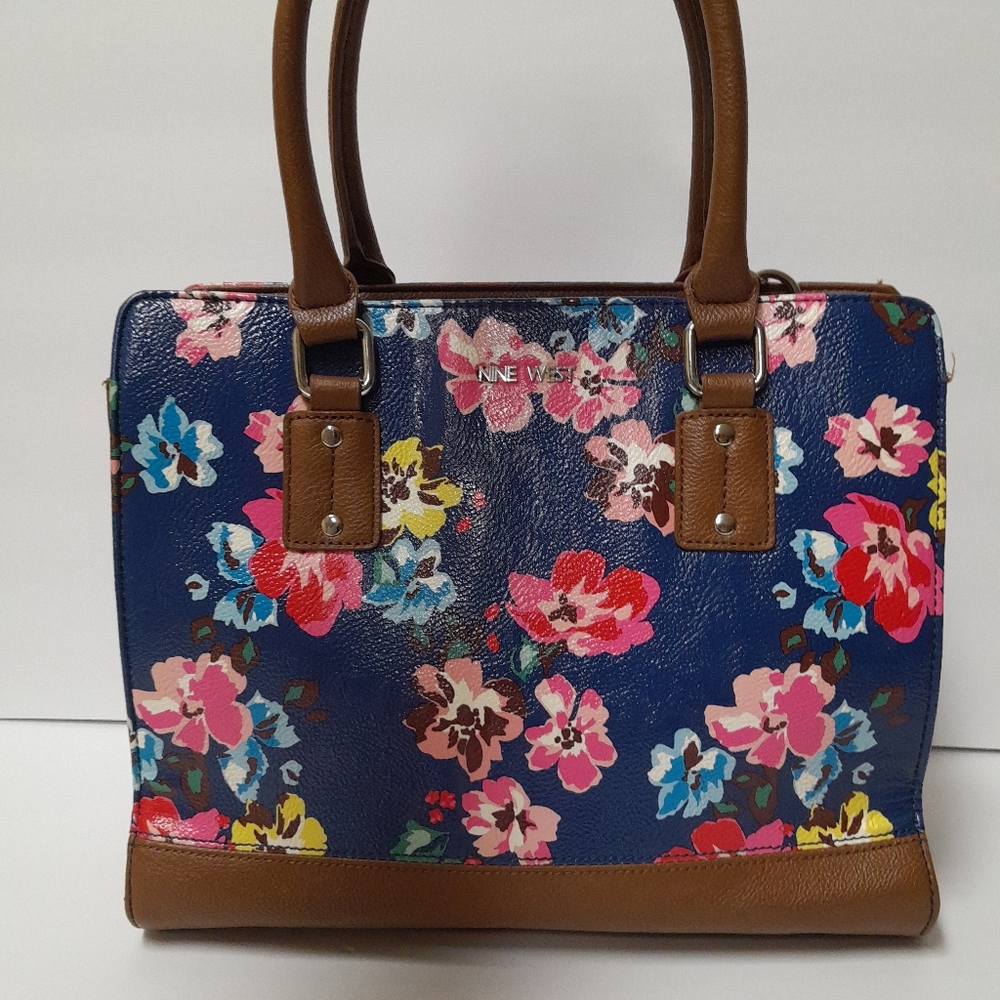 Nine West Blue Floral With Brown  Leather Straps Size:OS  Nine West
